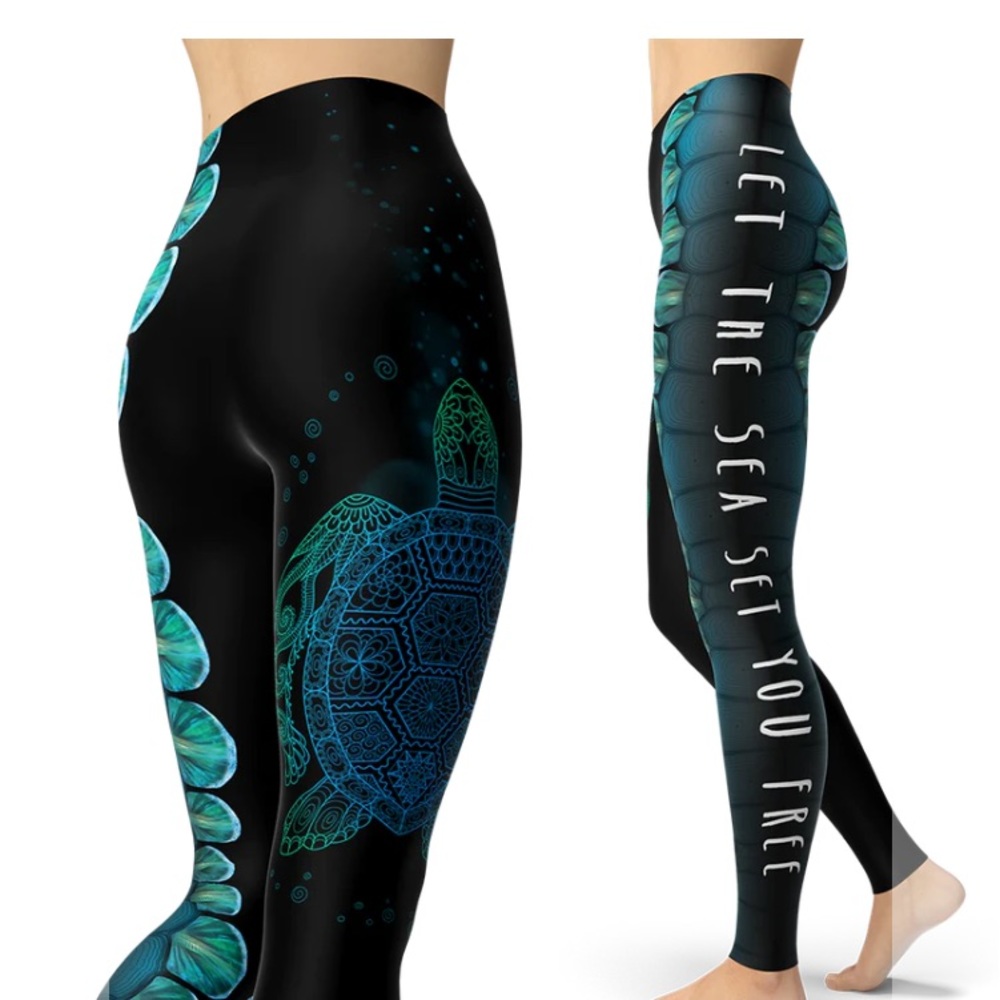 Let The Sea Set You Free/Free Black & Blue Turtle Print UPF Eco Leggings XXL